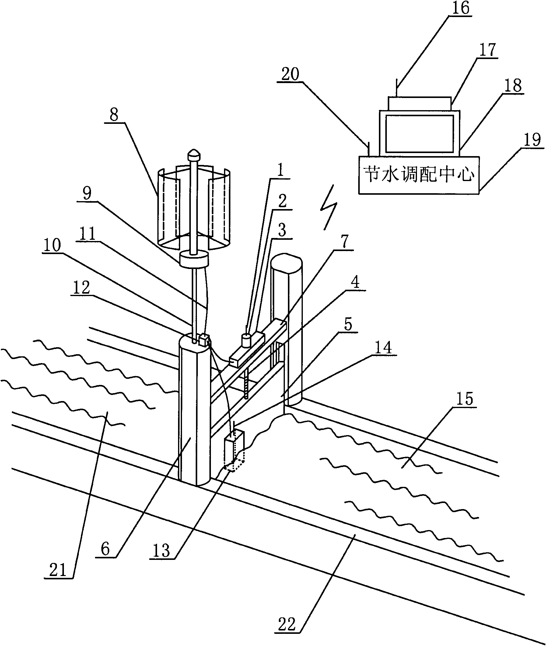 Water saving gate used for supplying power to flow sensor and provided with wind energy generating system