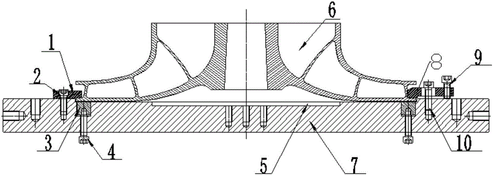 Clamp device for machining large-sized thin-walled impeller and finish machining method of large-sized thin-walled impeller