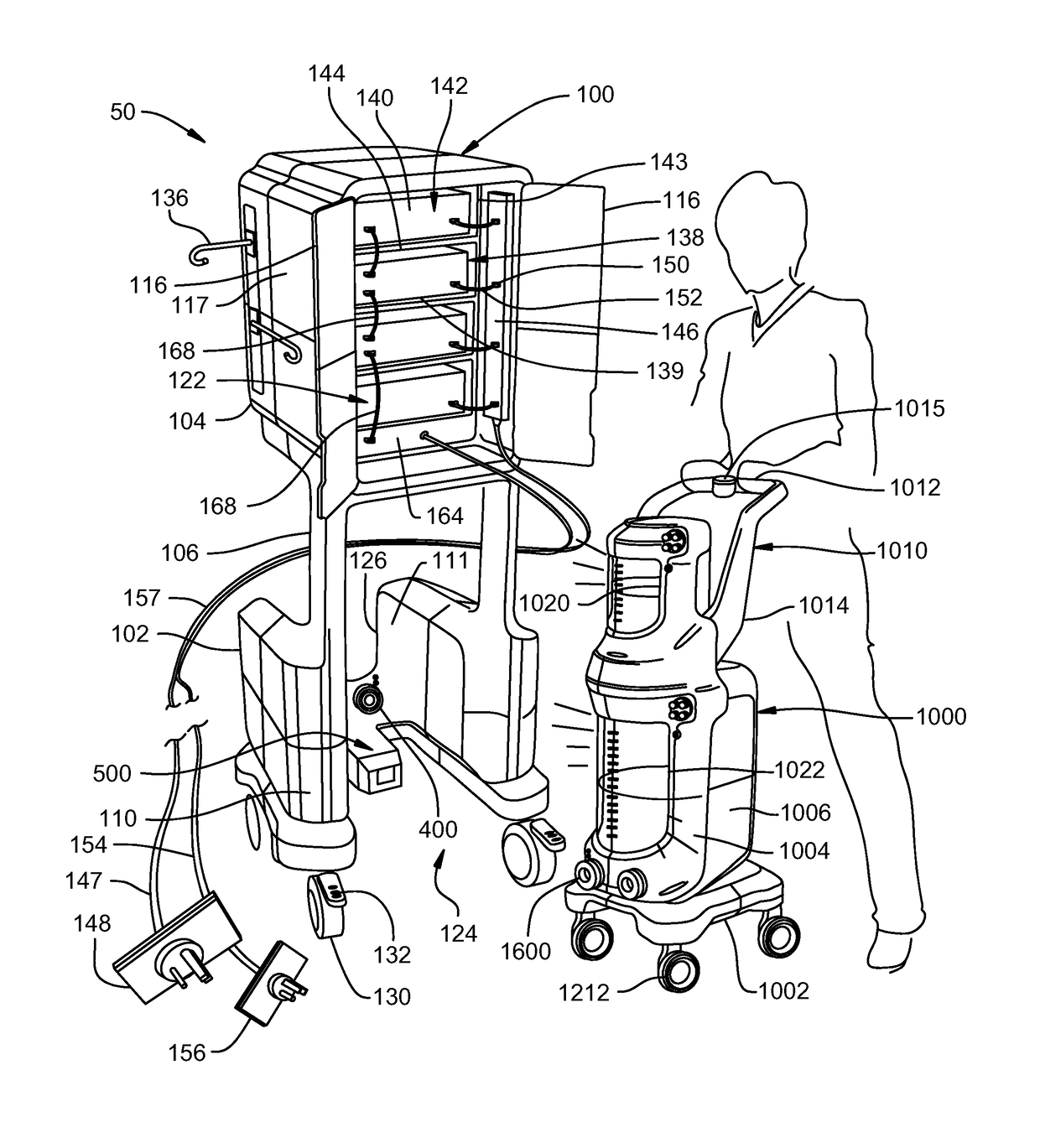 Mobile instrument assembly for use as part of a medical/surgical waste collection system, the assembly including a vacuum source to which a mobile waste collection cart can be releasably attached