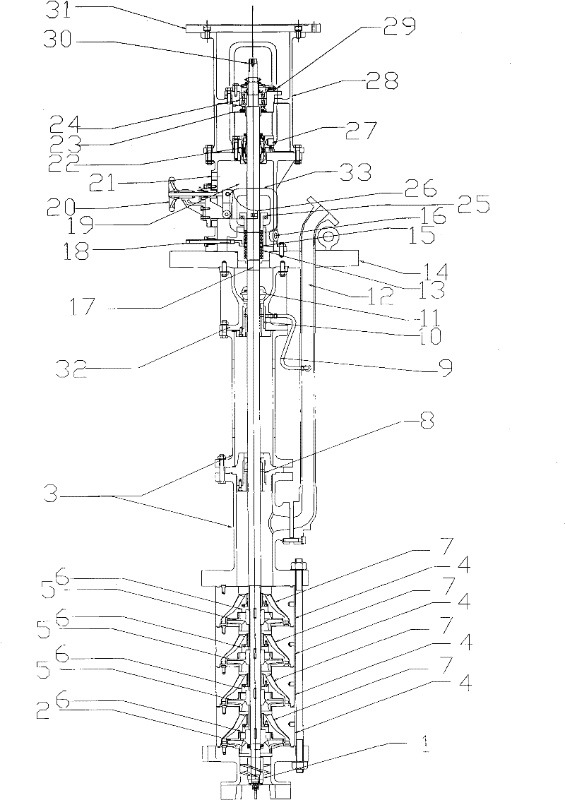 Multi-stage axial flow submerged pump with long shaft and method for conveying phosgene