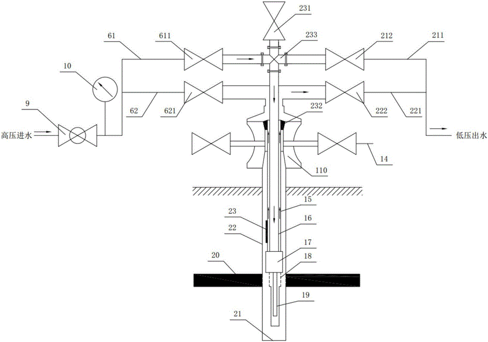 Hydraulic throwing-in and pulling type sand-draining coal dust-draining gas production device and method