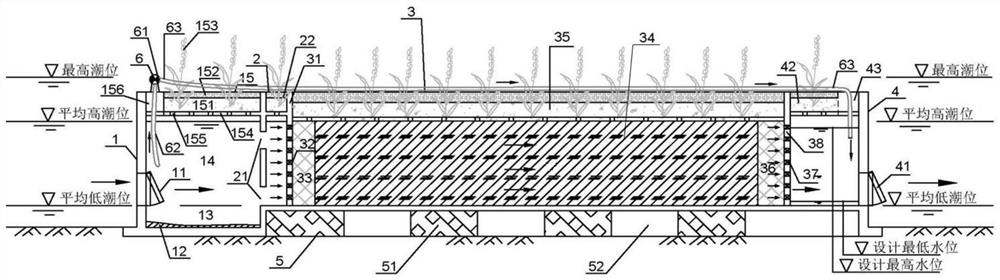 Tidal river ecological purification island and backflushing sludge discharge method thereof