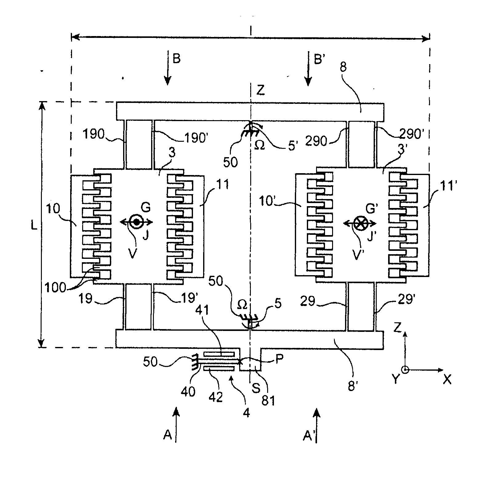 Gyrometer in surface technology, with out-of-plane detection by strain gauge