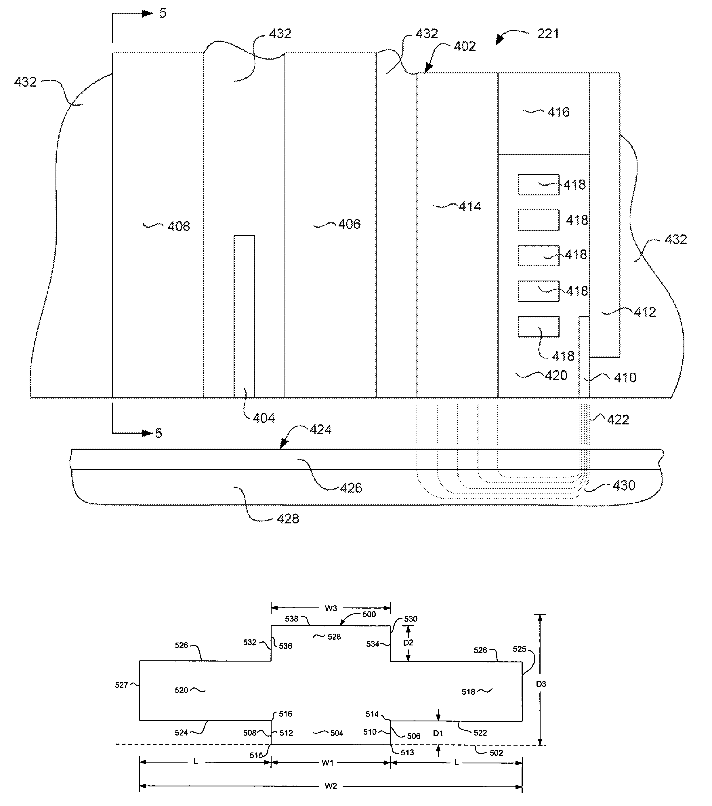 Double notched shield and pole structure for stray field reduction in a magnetic head