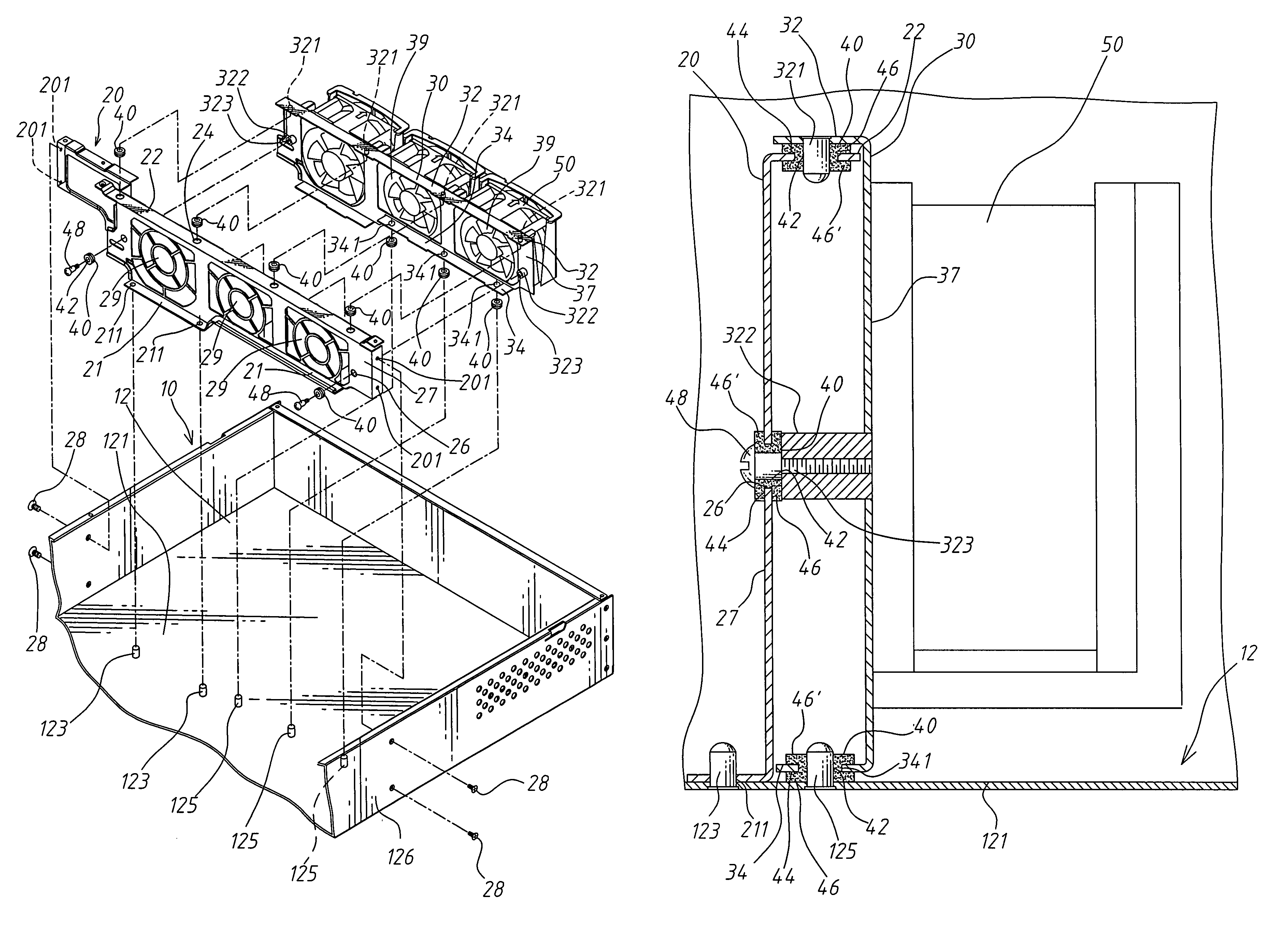 Computer housing shock absorber device for a vibration source frame