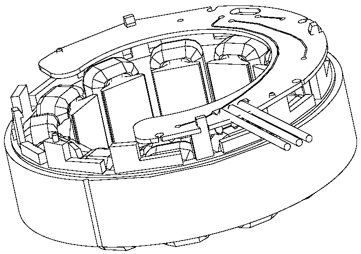 An outlet clamp assembly and an electric motor