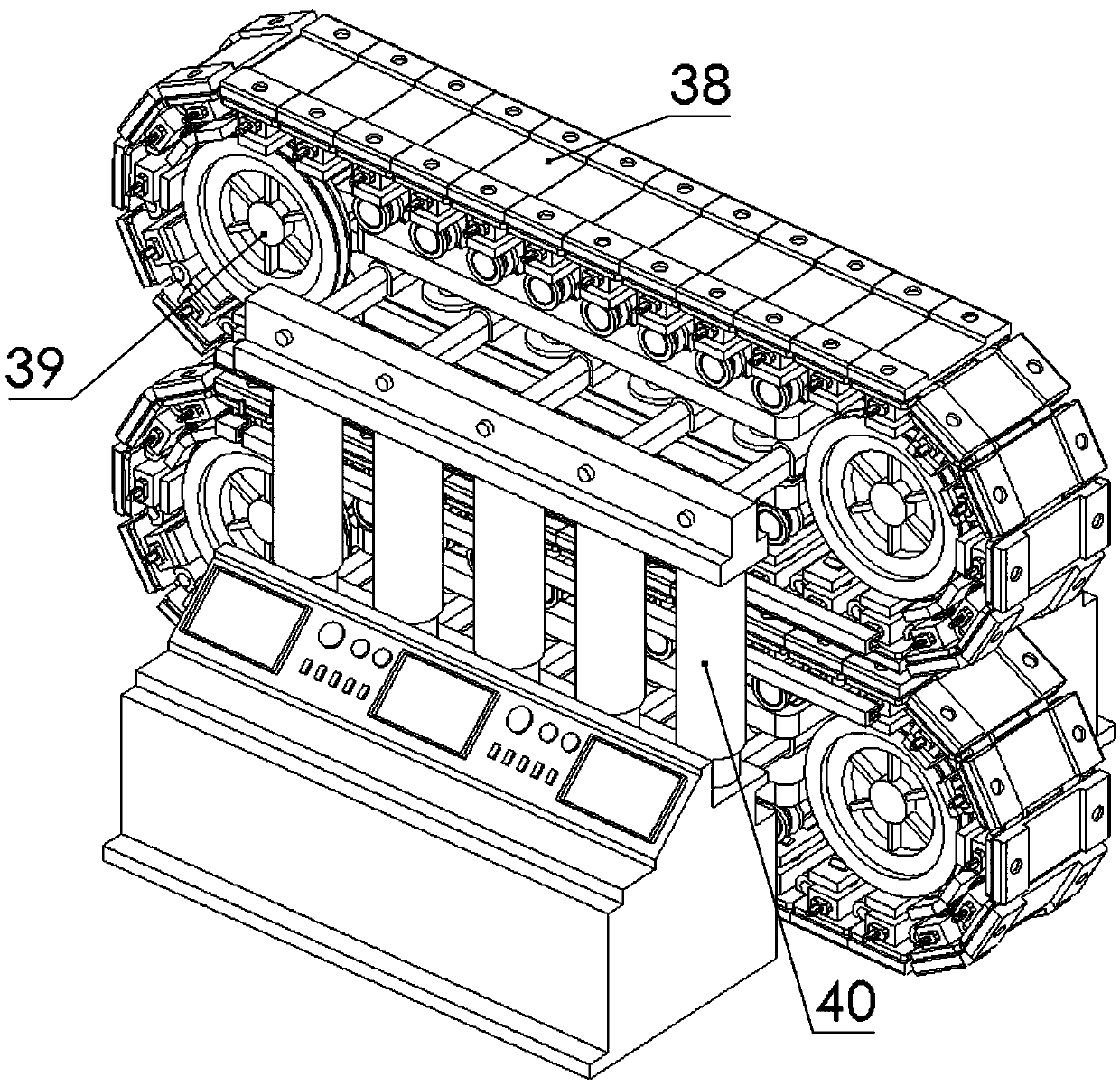 Crawler-type flat vulcanizing machine for producing long-strip-shaped sizing materials