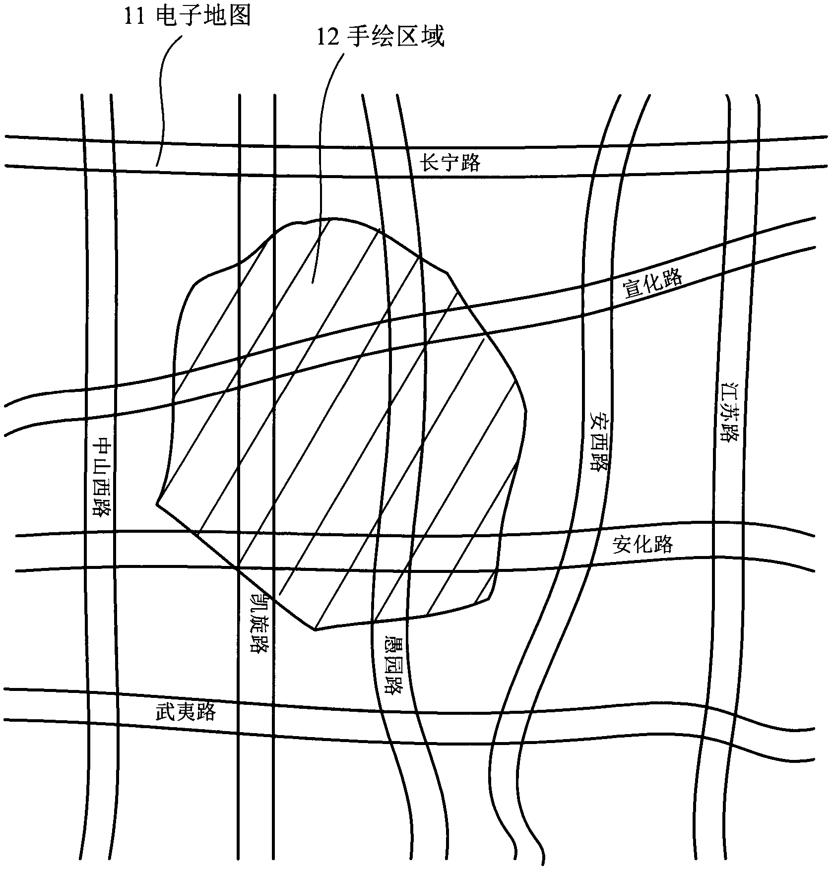 Method for searching interest points in designated area of map by hand-drawing way