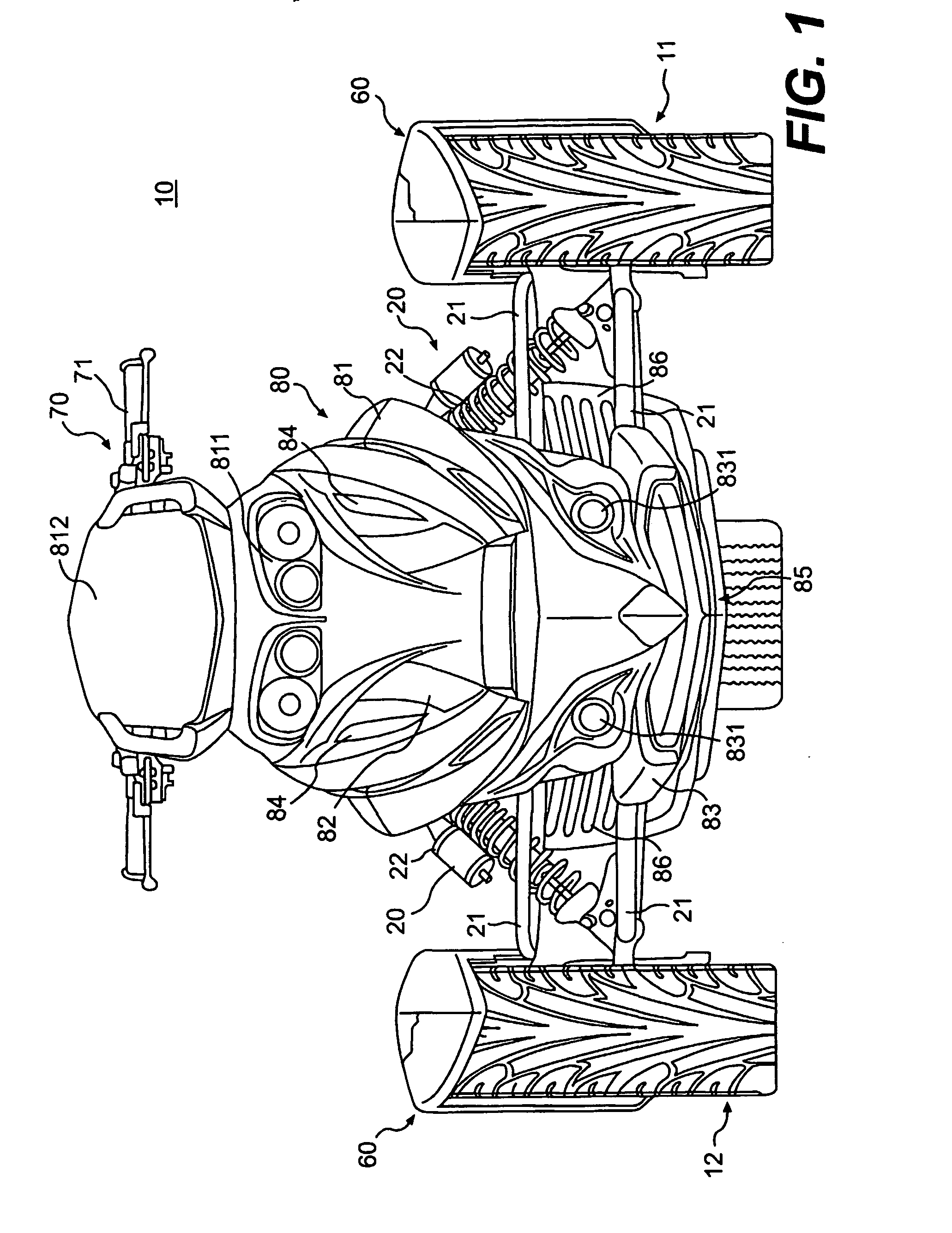 Three-wheeled vehicle having a split radiator and an interior storage compartment