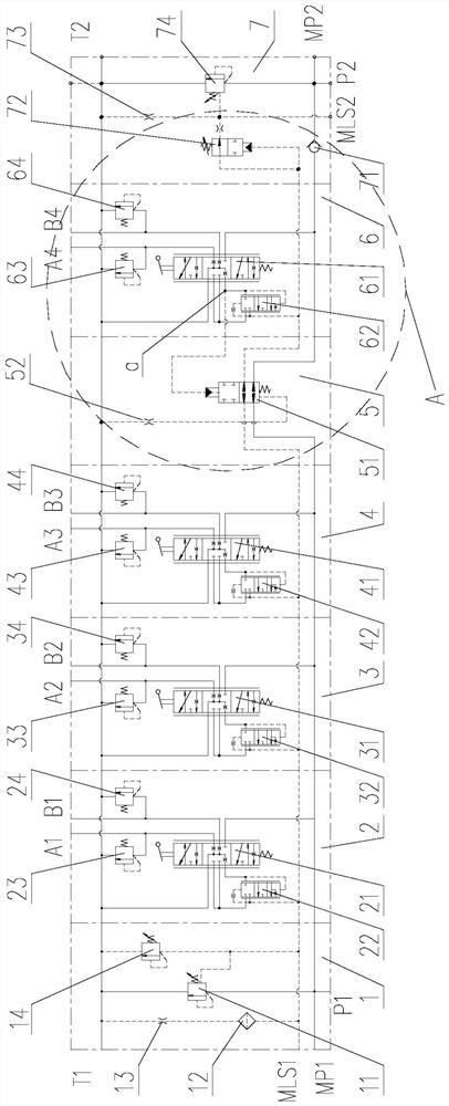 Load-sensitive multi-way valve with double-pump confluence function