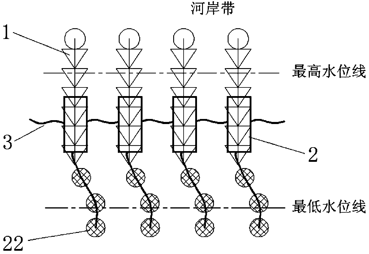 A green curtain construction method suitable for steep slope type ebb and flow zone and its floating device