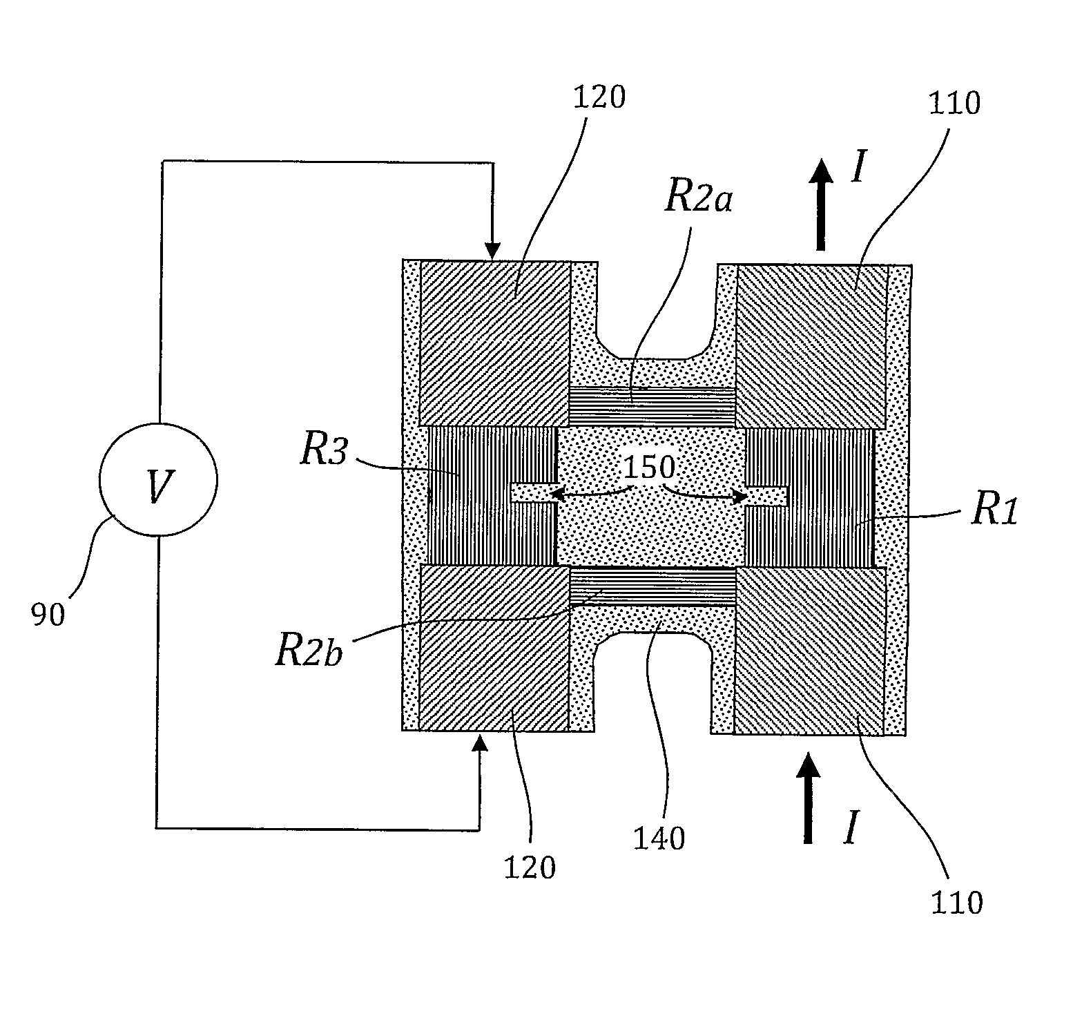 Four-terminal resistor with four resistors and adjustable temperature coefficient of resistance