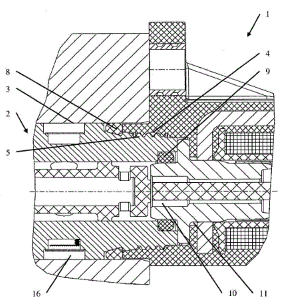 Device actuated by an electromagnet, comprising an encapsulated threaded connection