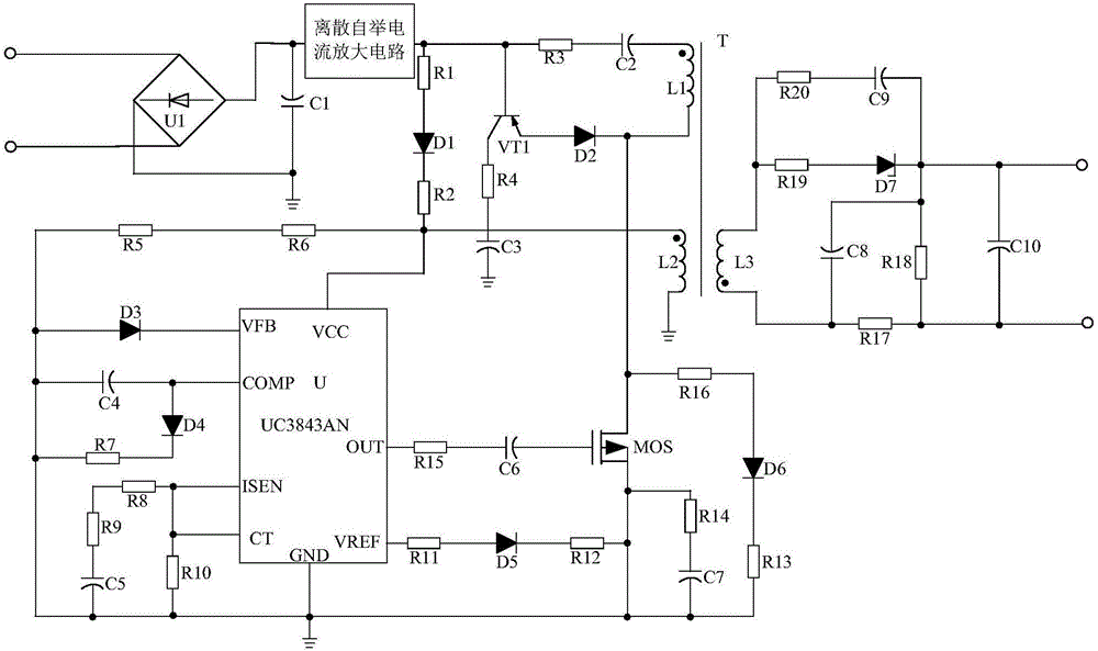 Discrete bootstrap current amplification type energy-saving power supply for luminescent LED