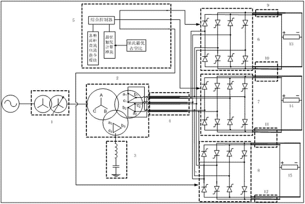 Three-phase two-pulse-wave high-power pulse current power supply for electrolytic cells and power supplying method