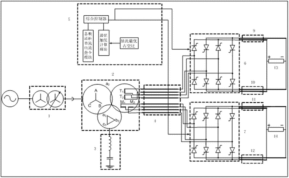 Three-phase two-pulse-wave high-power pulse current power supply for electrolytic cells and power supplying method