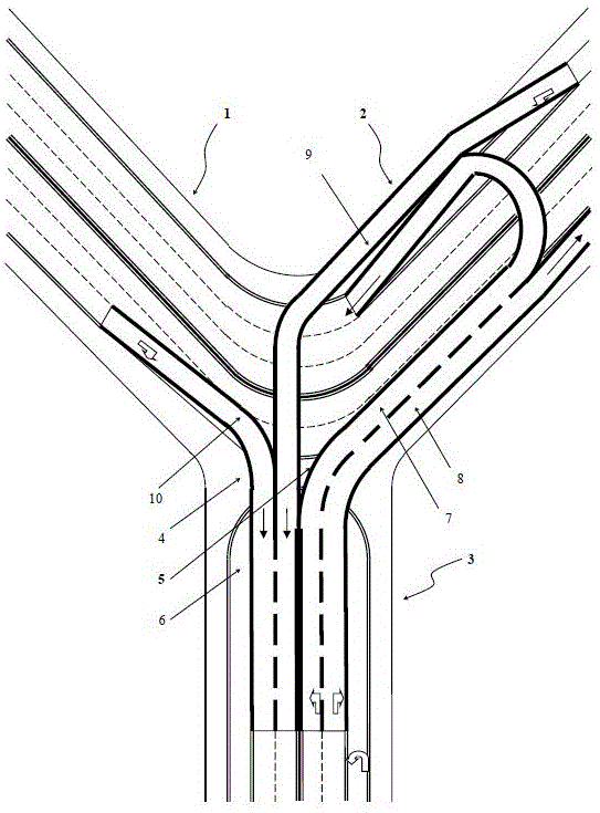 Barrier-free completely intercommunicating overpass system for Y-shaped fork