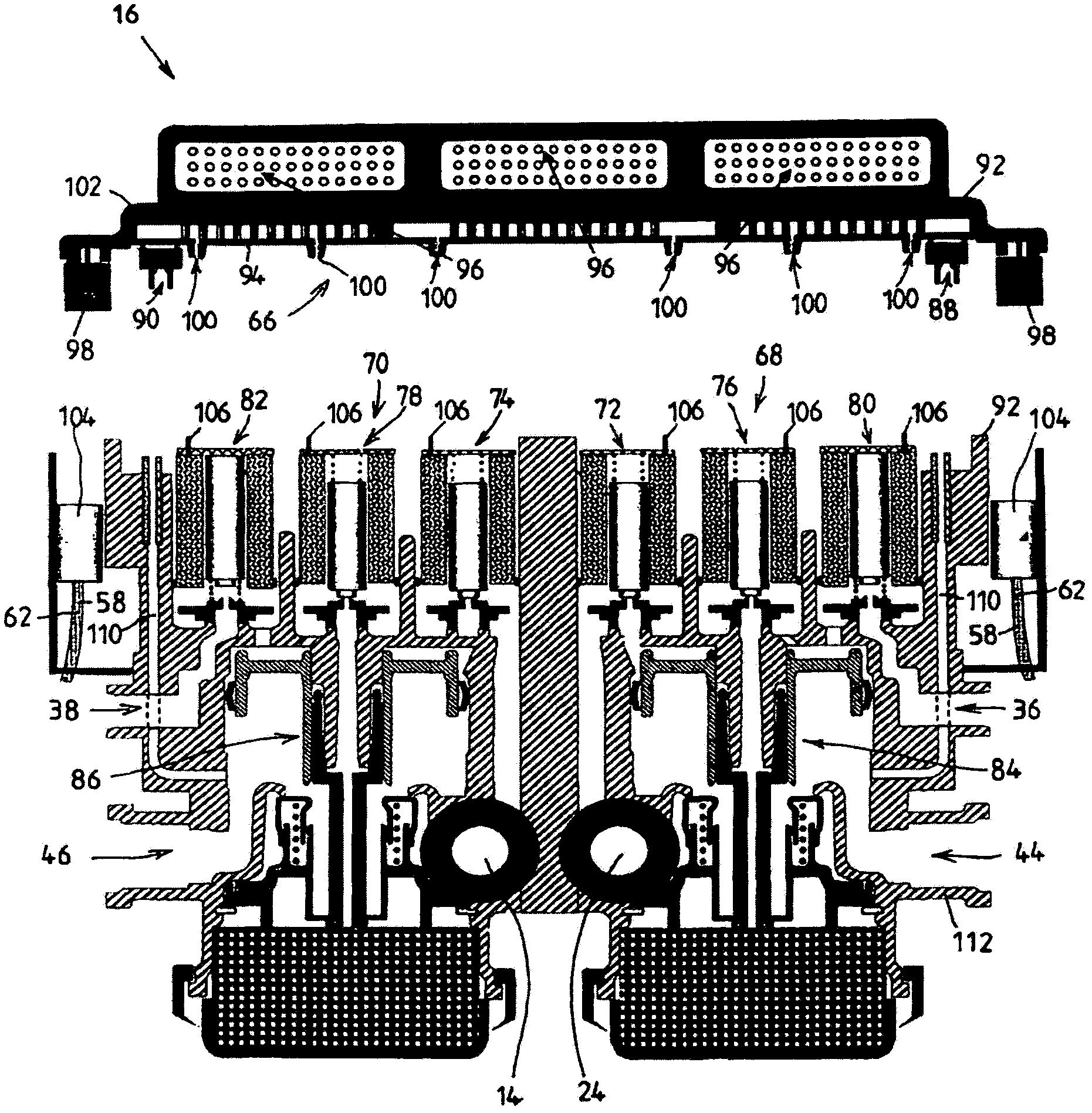 Electro-pneumatic pressure regulation module comprising pressure regulation channels having separate pneumatic circuits