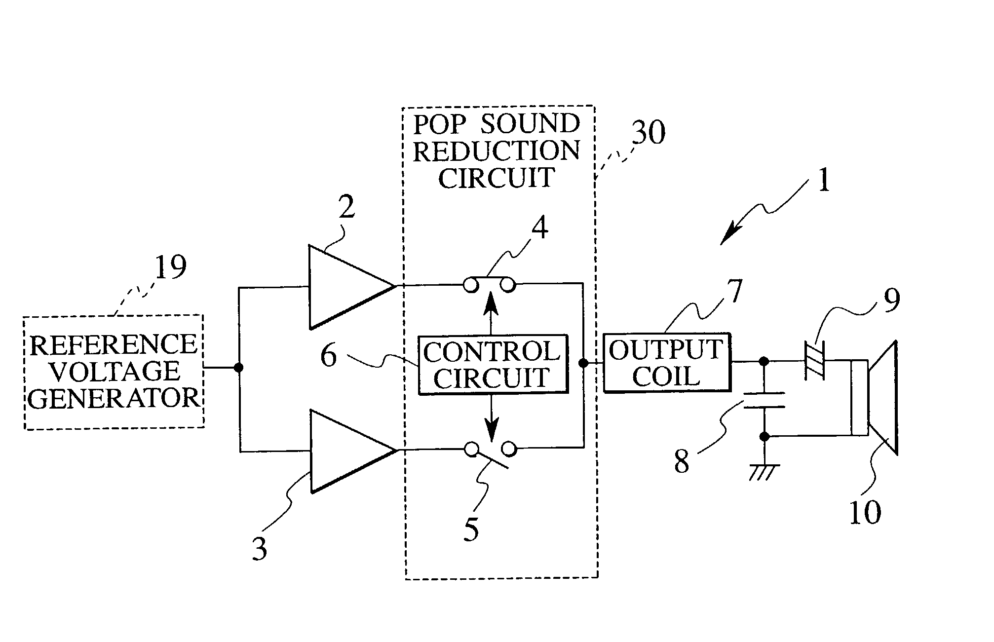 Pop sound reduction circuit and voice output amplification device