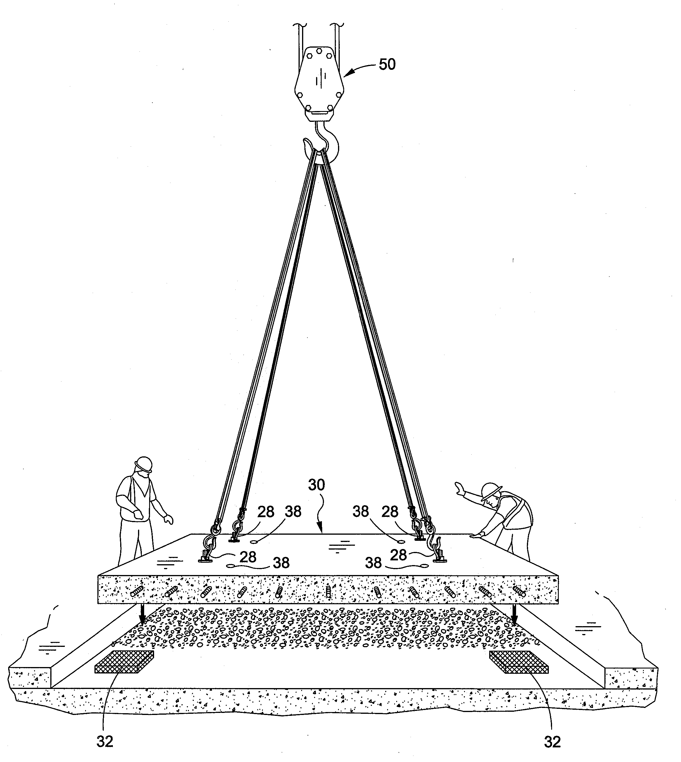 Method and apparatus for lifting and securing a concrete panel in place above a road bed