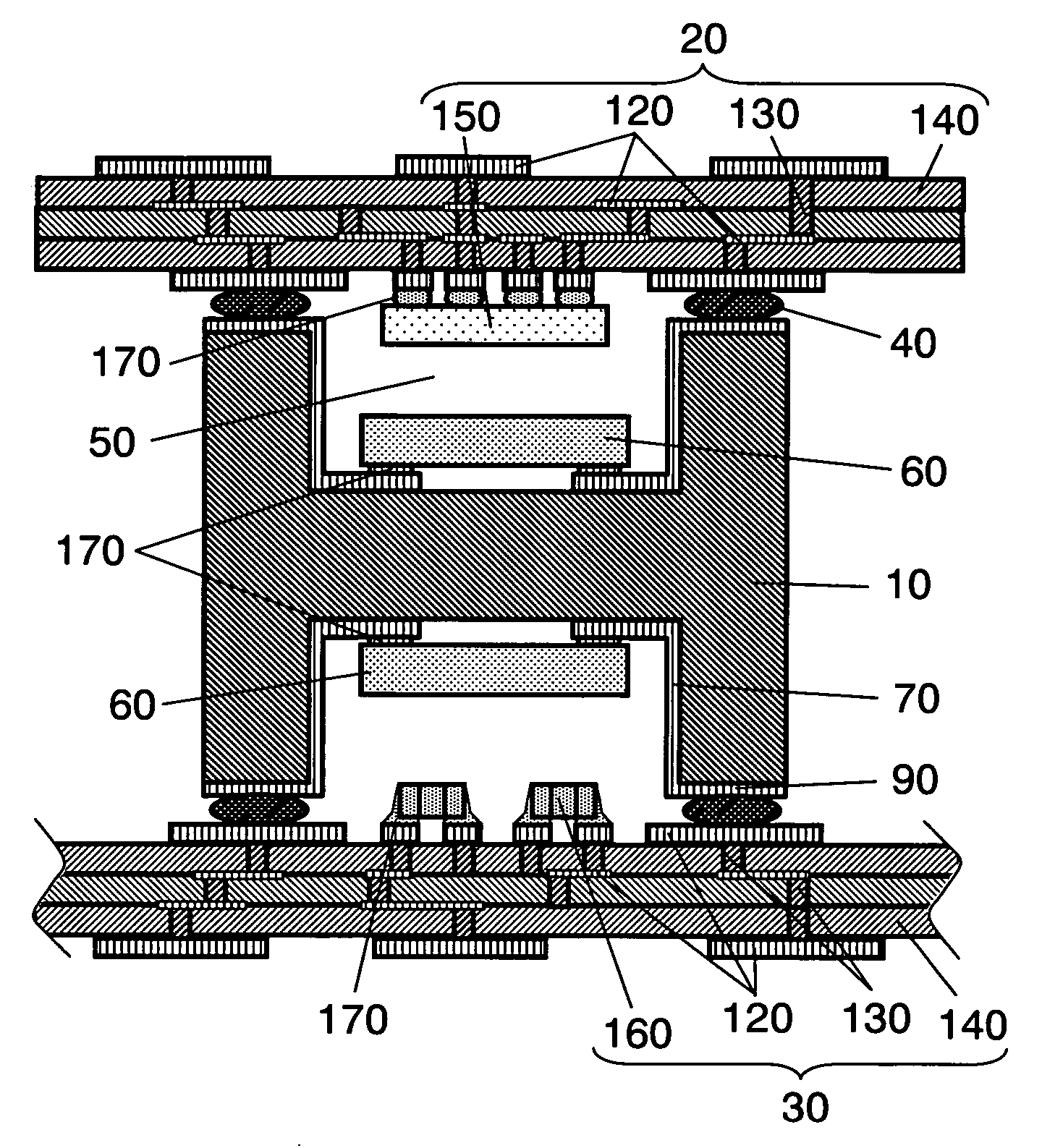 Stereoscopic electronic circuit device, and relay board and relay frame used therein