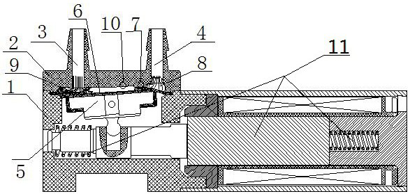 Dead-volume-free rocker arm two-way electromagnetic valve