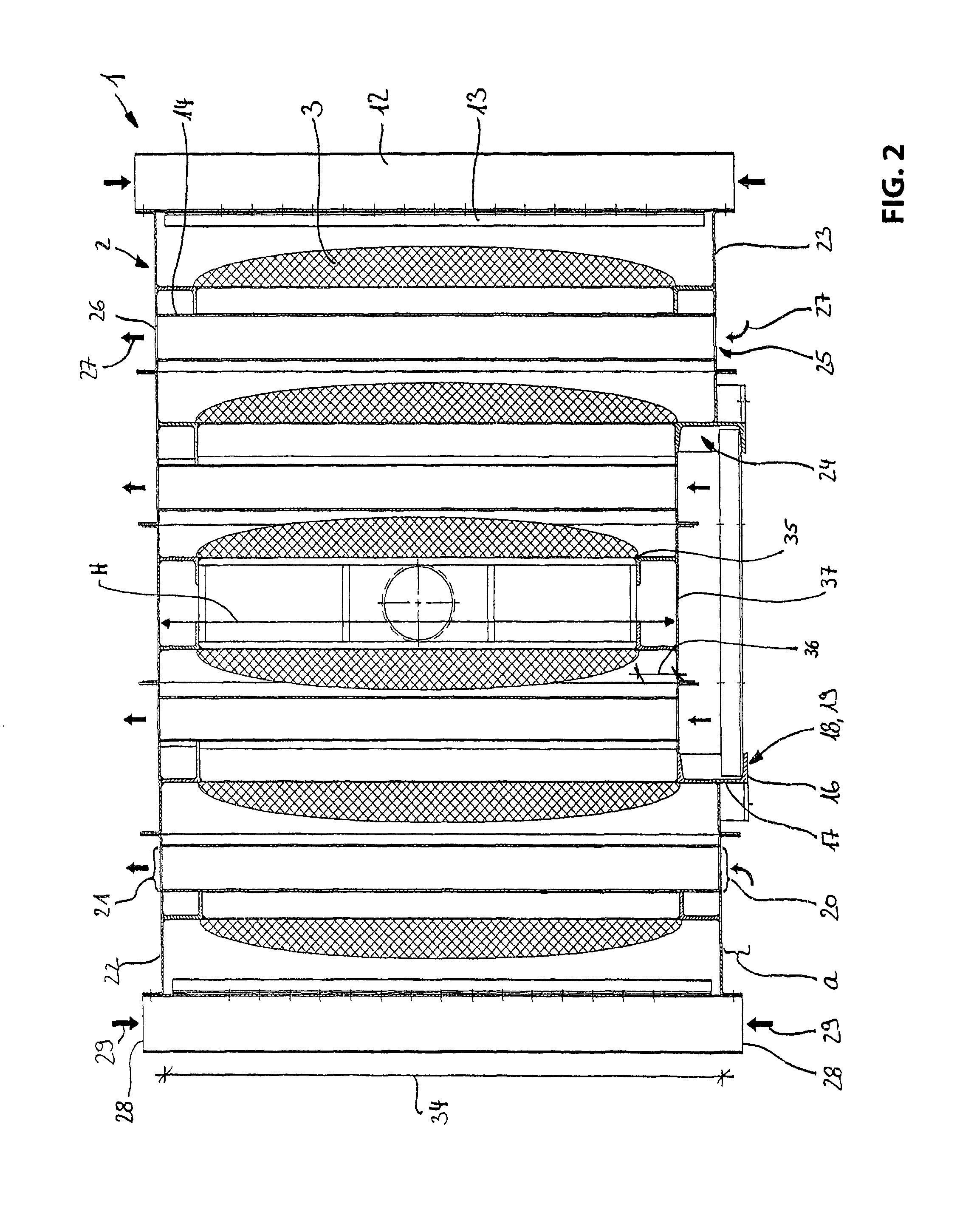 Filter device for gas flow loaded with aerosoles and/or gaseous iodine