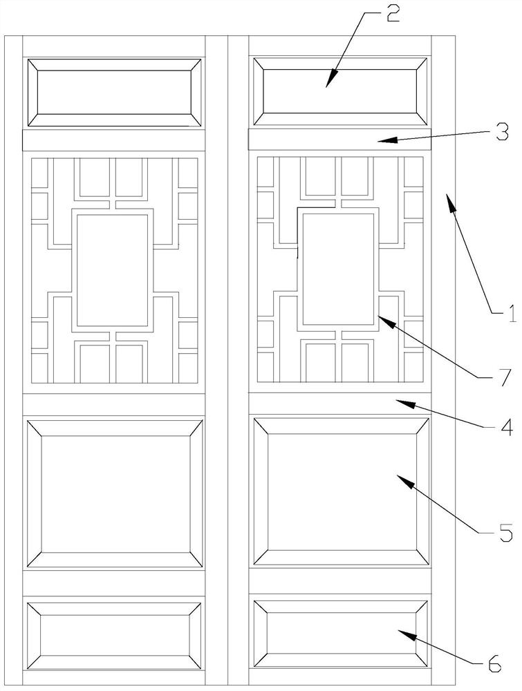 An antique partition door with replaceable center decoration