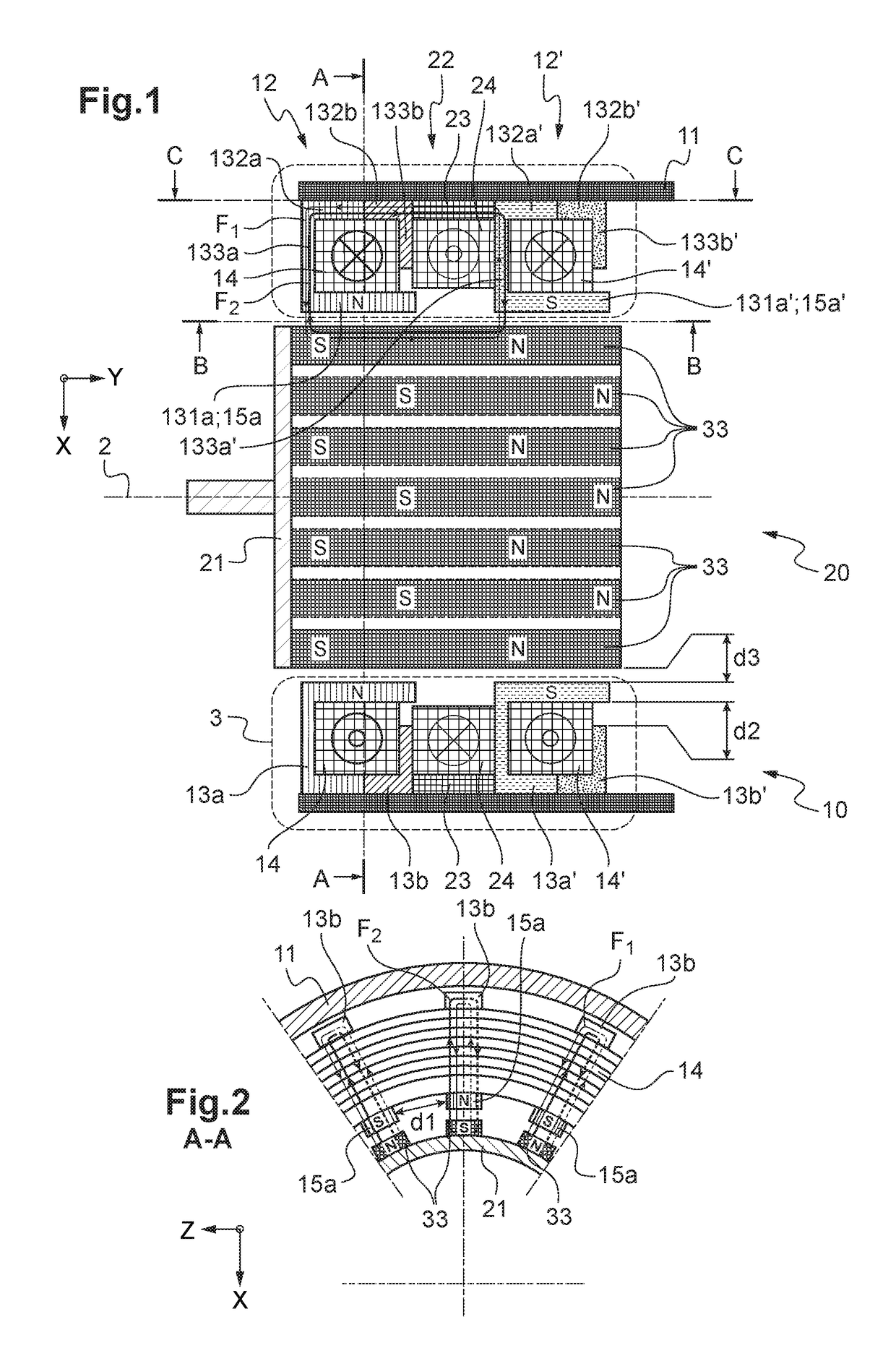 Separately excited electric machine with at least one primary magnetic circuit and at least two secondary magnetic circuits