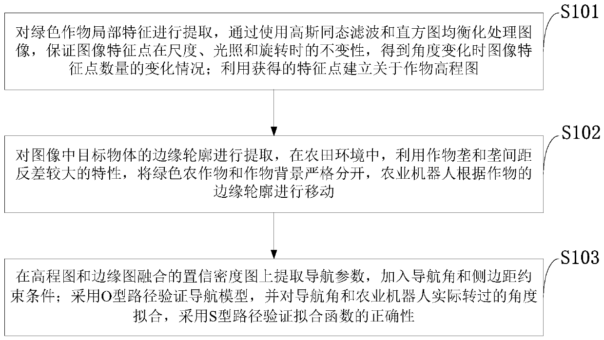 Stereoscopic vision navigation method based on green crop feature extraction invariance