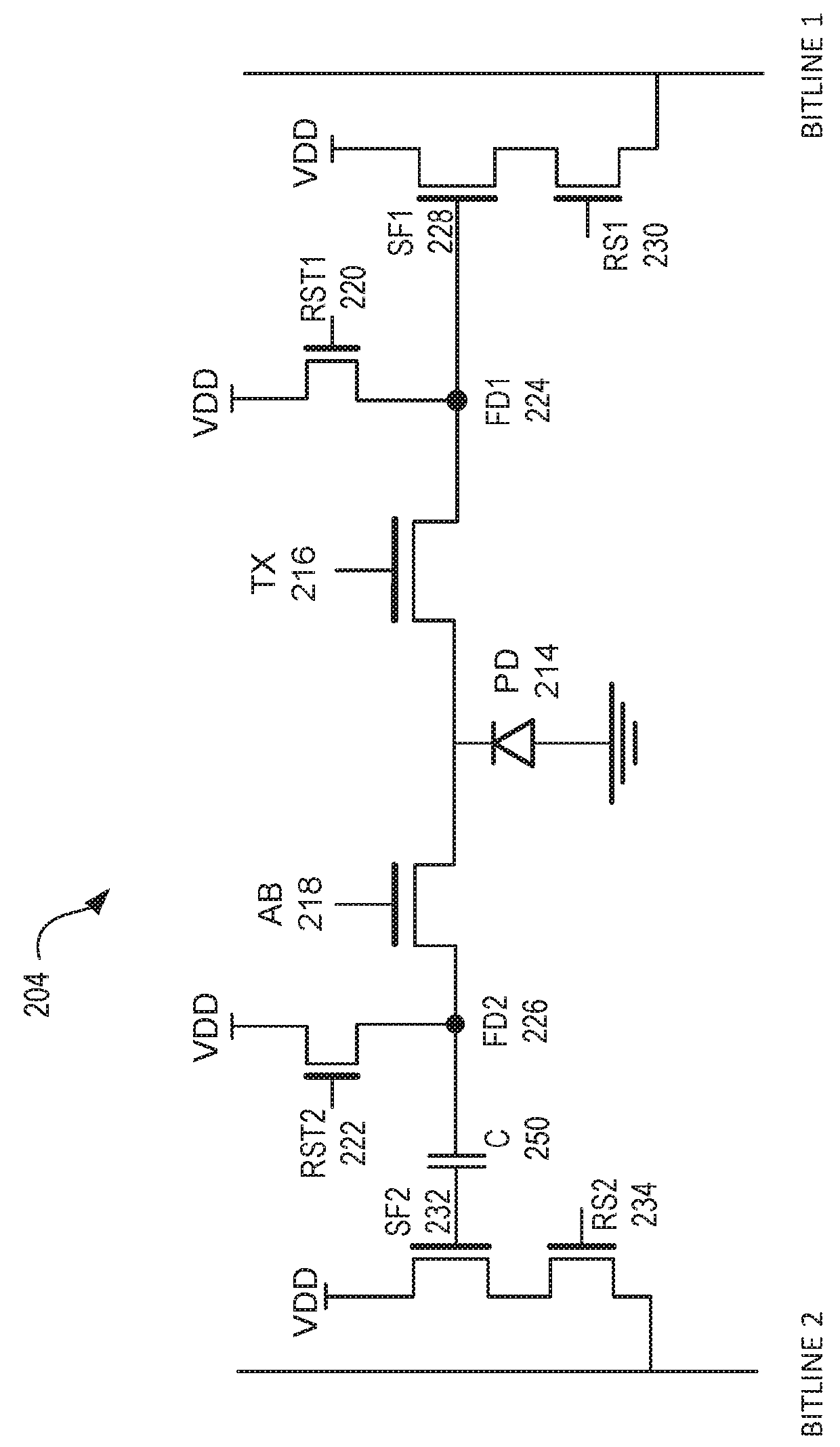 CMOS image sensor with dual floating diffusions per pixel for flicker-free detection of light emitting diodes