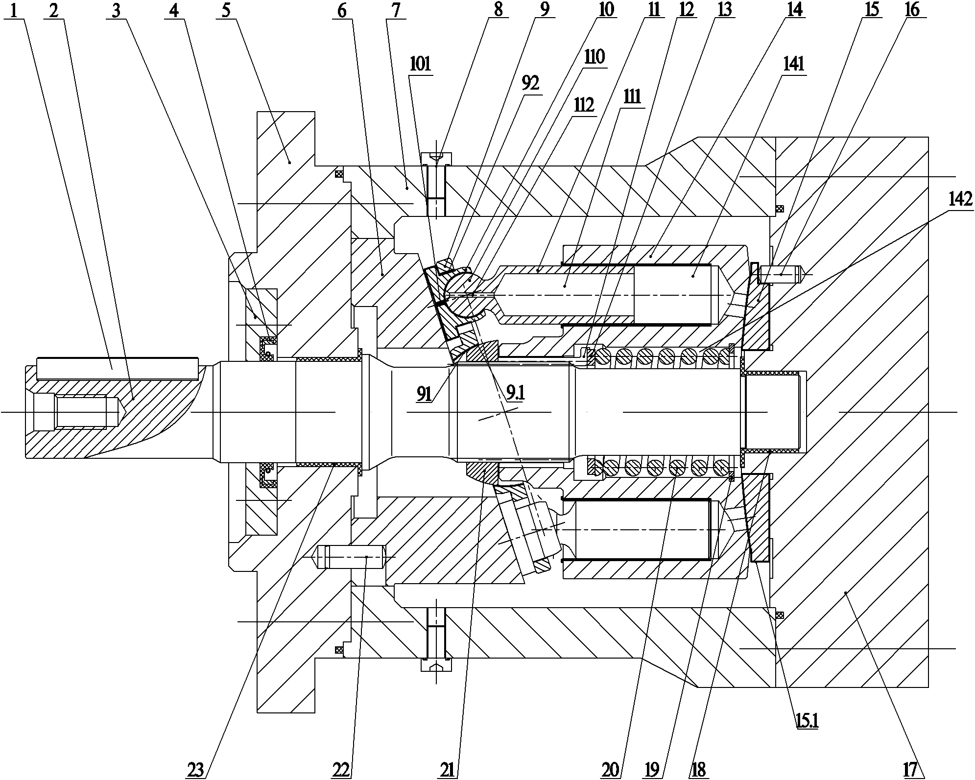 Pure water hydraulic through-shaft type spherical distribution axial plunger pump