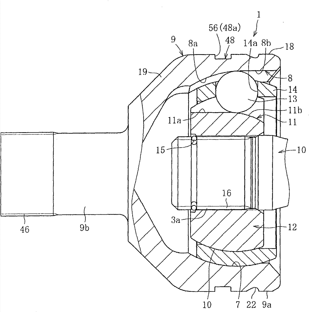 Bearing device for wheel, method of assembling bearing device for wheel, assembly constructed from bearing device for wheel and from drive shaft, and method of assembling assembly