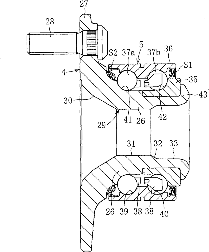 Bearing device for wheel, method of assembling bearing device for wheel, assembly constructed from bearing device for wheel and from drive shaft, and method of assembling assembly