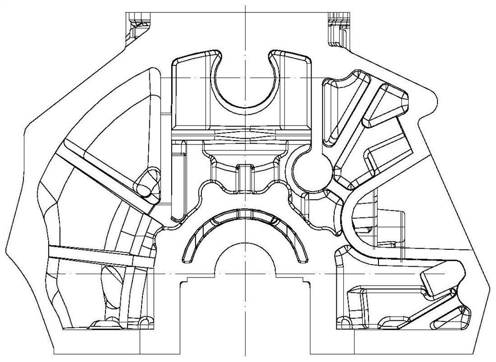 Thin-wall complex cylinder body type iron casting shell mold pouring system and casting process