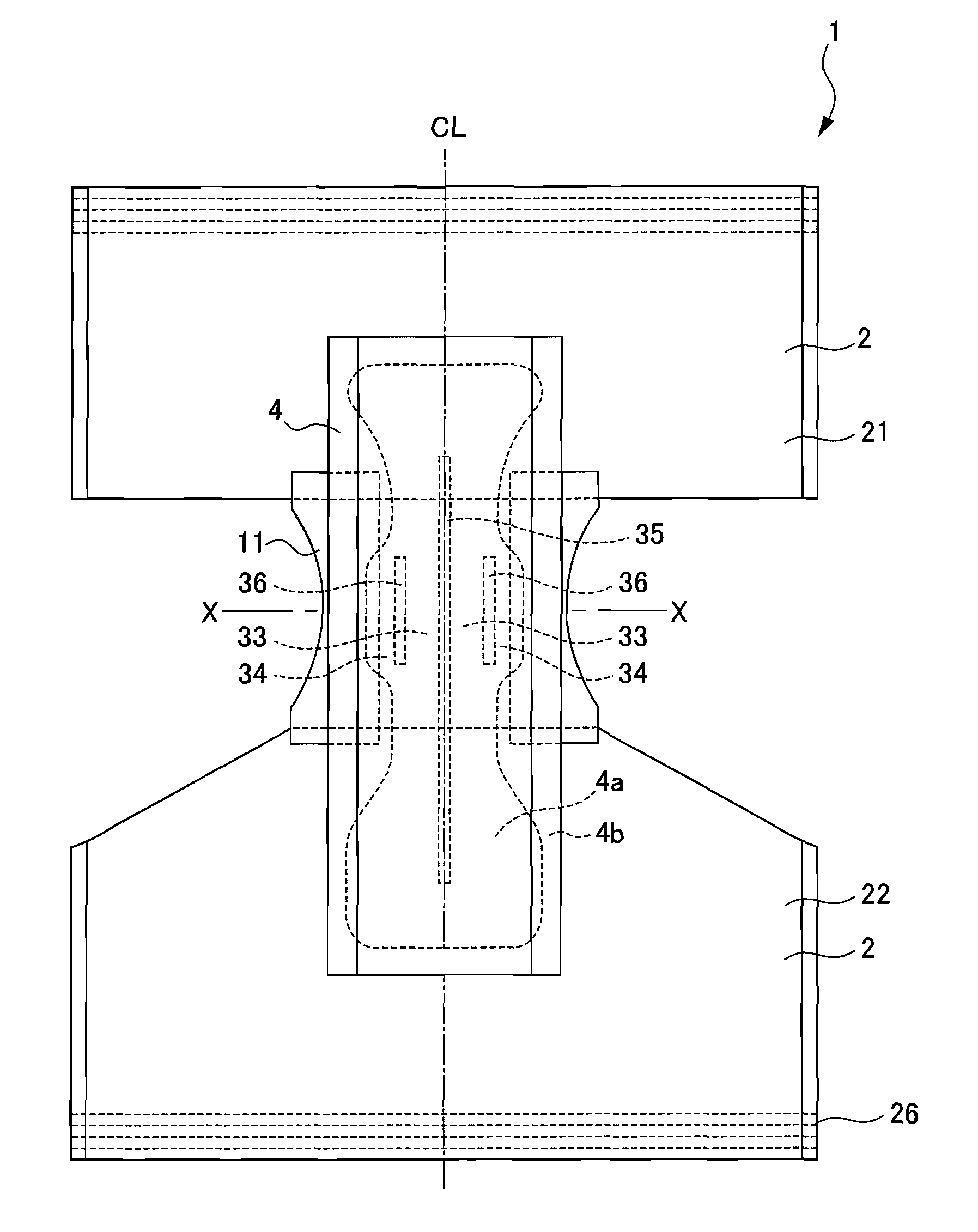 Absorbent article having spaced narrow width sections