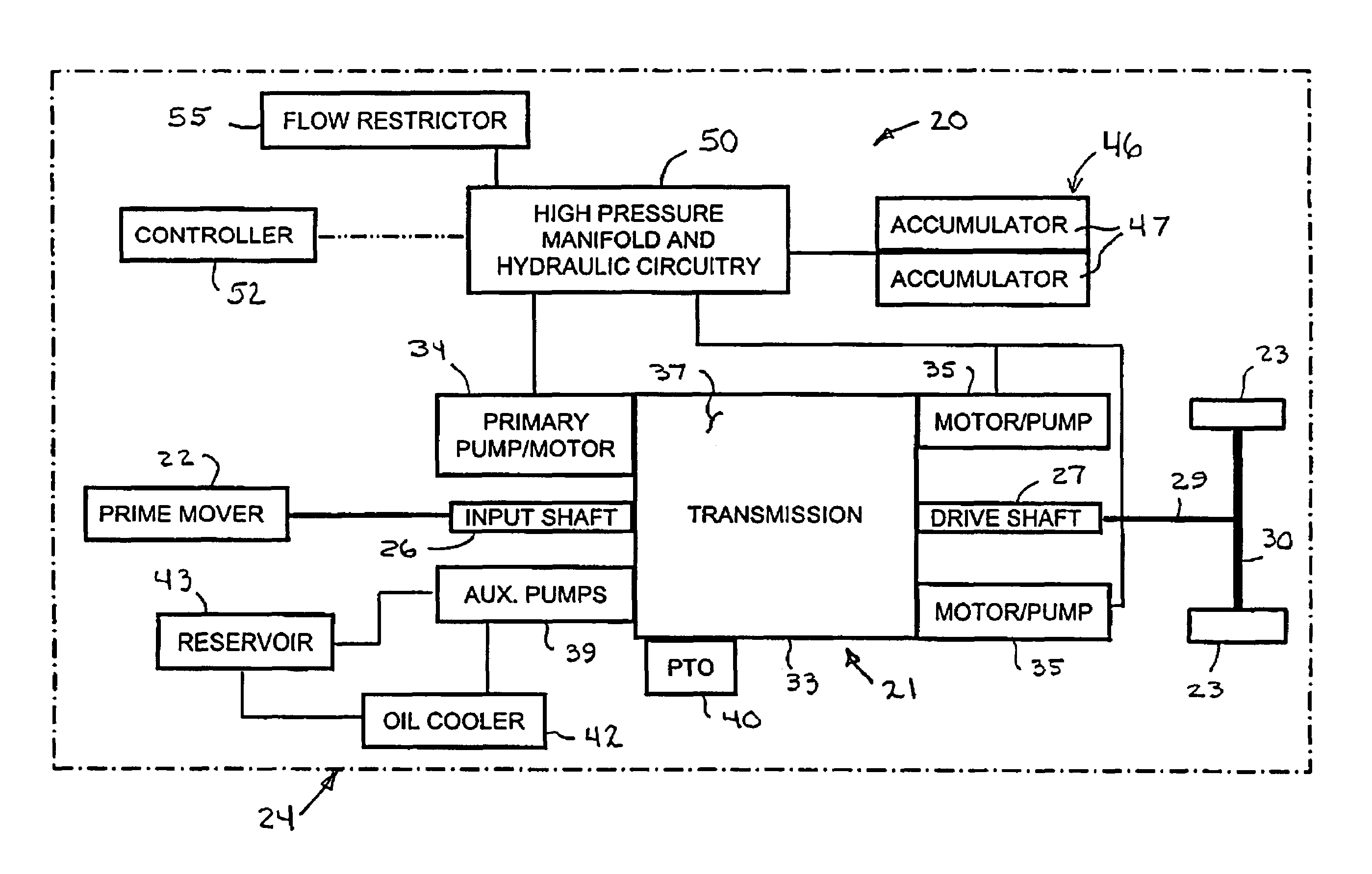 Gear box for hydraulic energy recovery