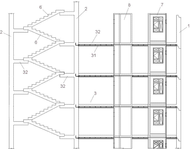 Multi-storey building with prefabricated parts and its semi-prefabricated construction method