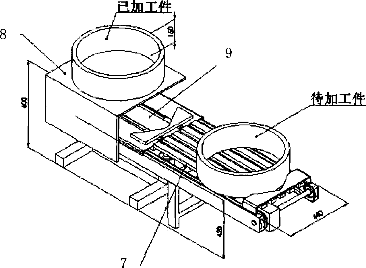 Automatic charging and discharging and transmitting device for handstand type numerical controlled lathe