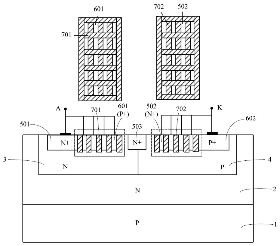 Transient voltage suppression protection device with latticed cathode and anode groove structures