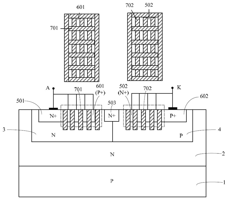 Transient voltage suppression protection device with latticed cathode and anode groove structures