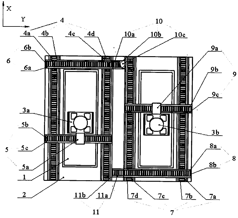 Double work-piece stage exchanging device based on single/double drive stepping scanning, and method thereof