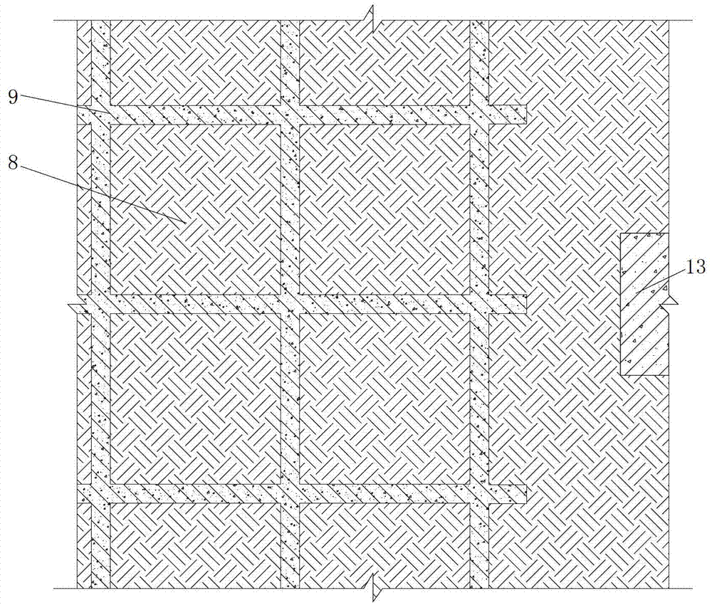 Viaduct road embankment structure with lower pile foundation bearing platform extending in roadbed, and construction method