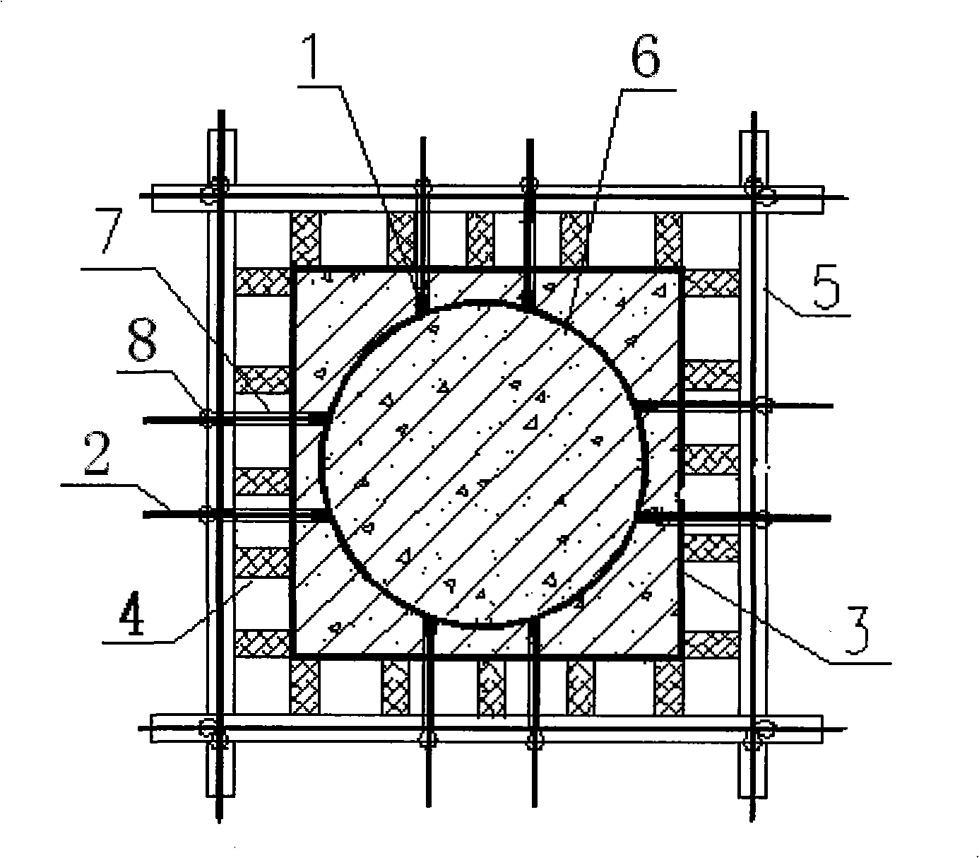 Construction method for preset nut type steel-reinforced concrete compound pier template fixing device