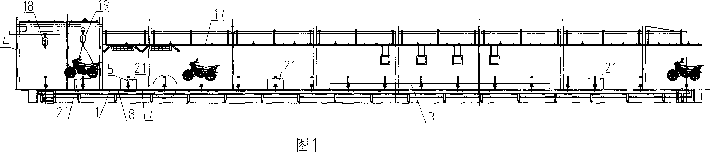 Integrative ground horizontal circular flexible production line for assembling and checking out motorcycle