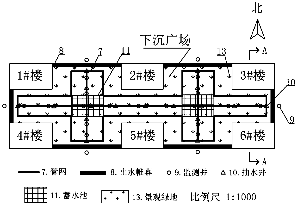 Sunken square water circulation system based on sponge city