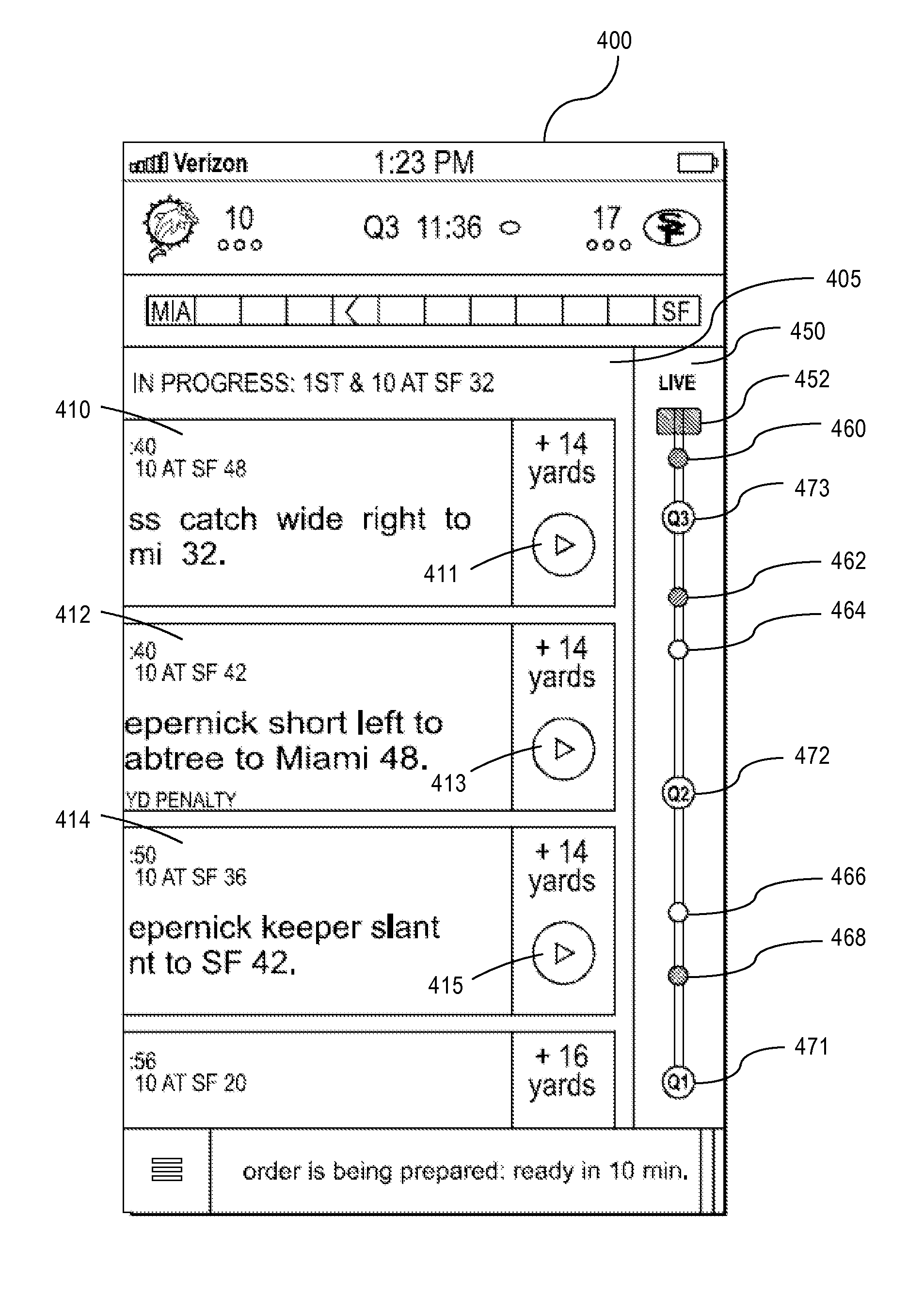 Game event display with a scrollable graphical game play feed