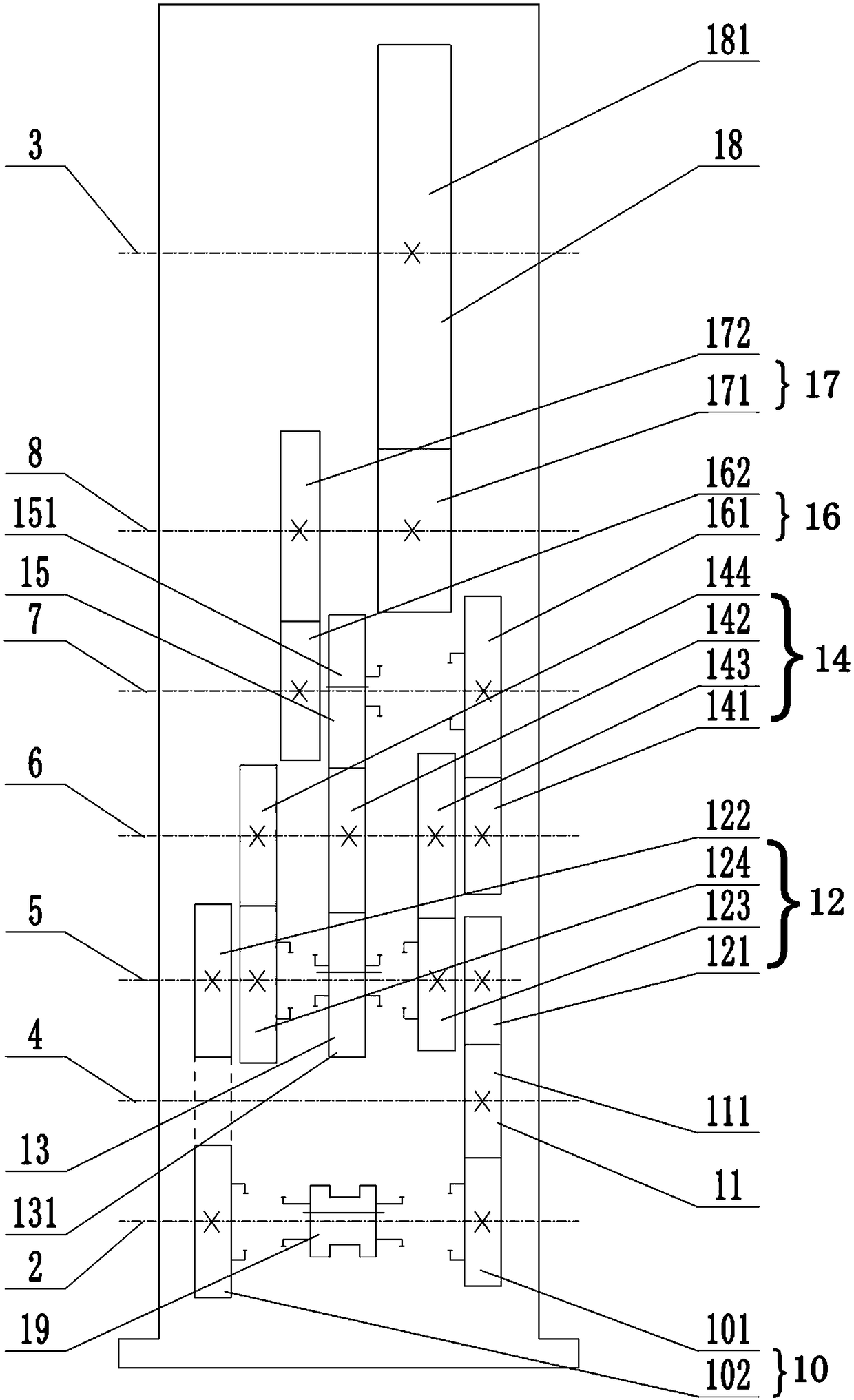 Six-speed transmission for strand pulling equipment