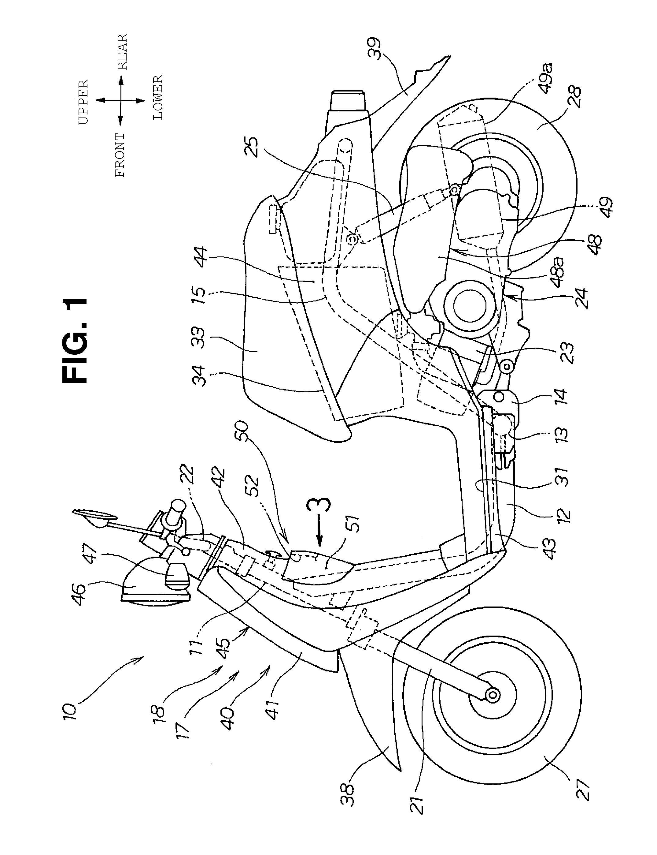 Front storage compartment with water drainage channel for a vehicle, and vehicle incorporating same