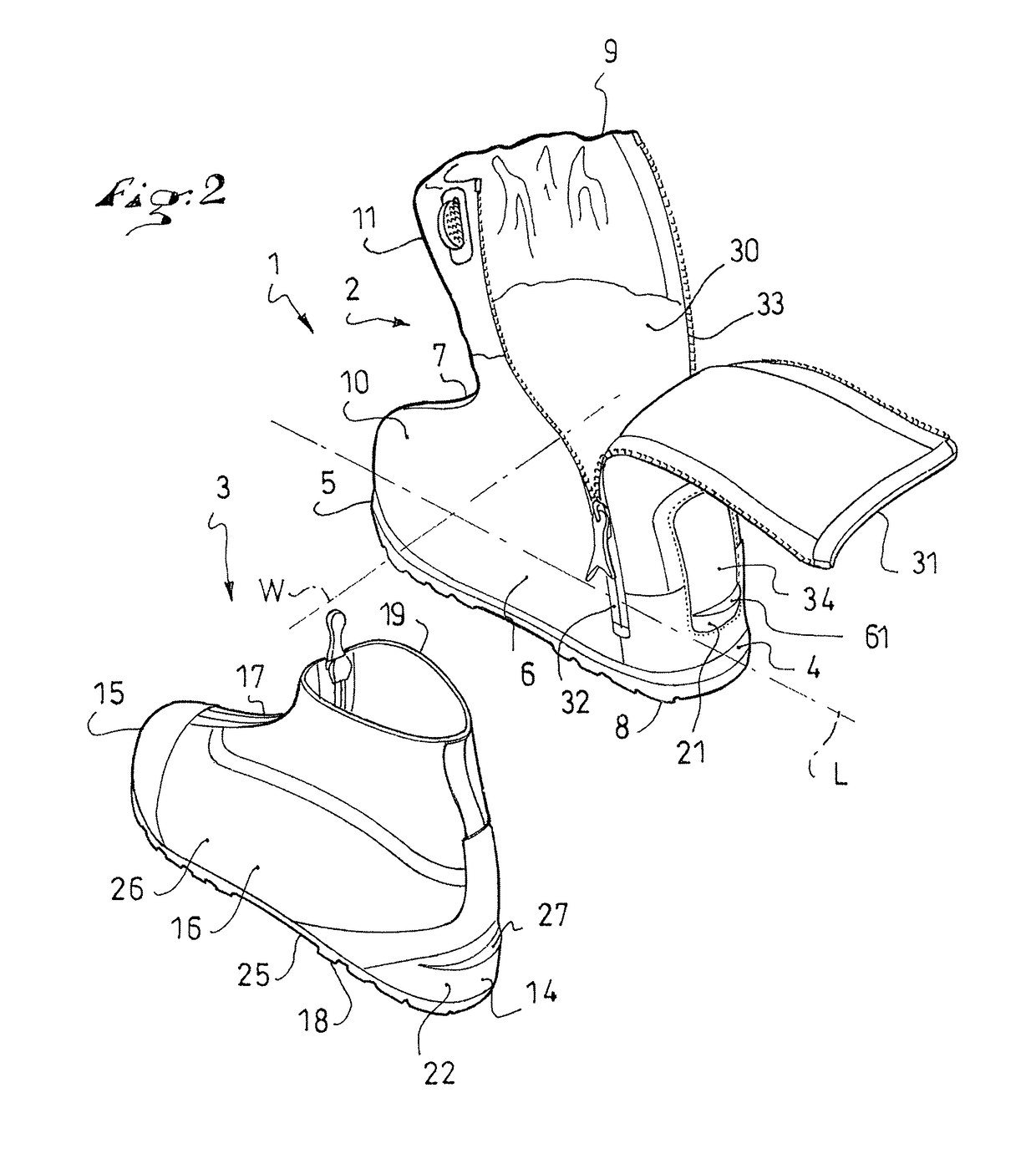 Boot having a first footwear element and a second footwear element